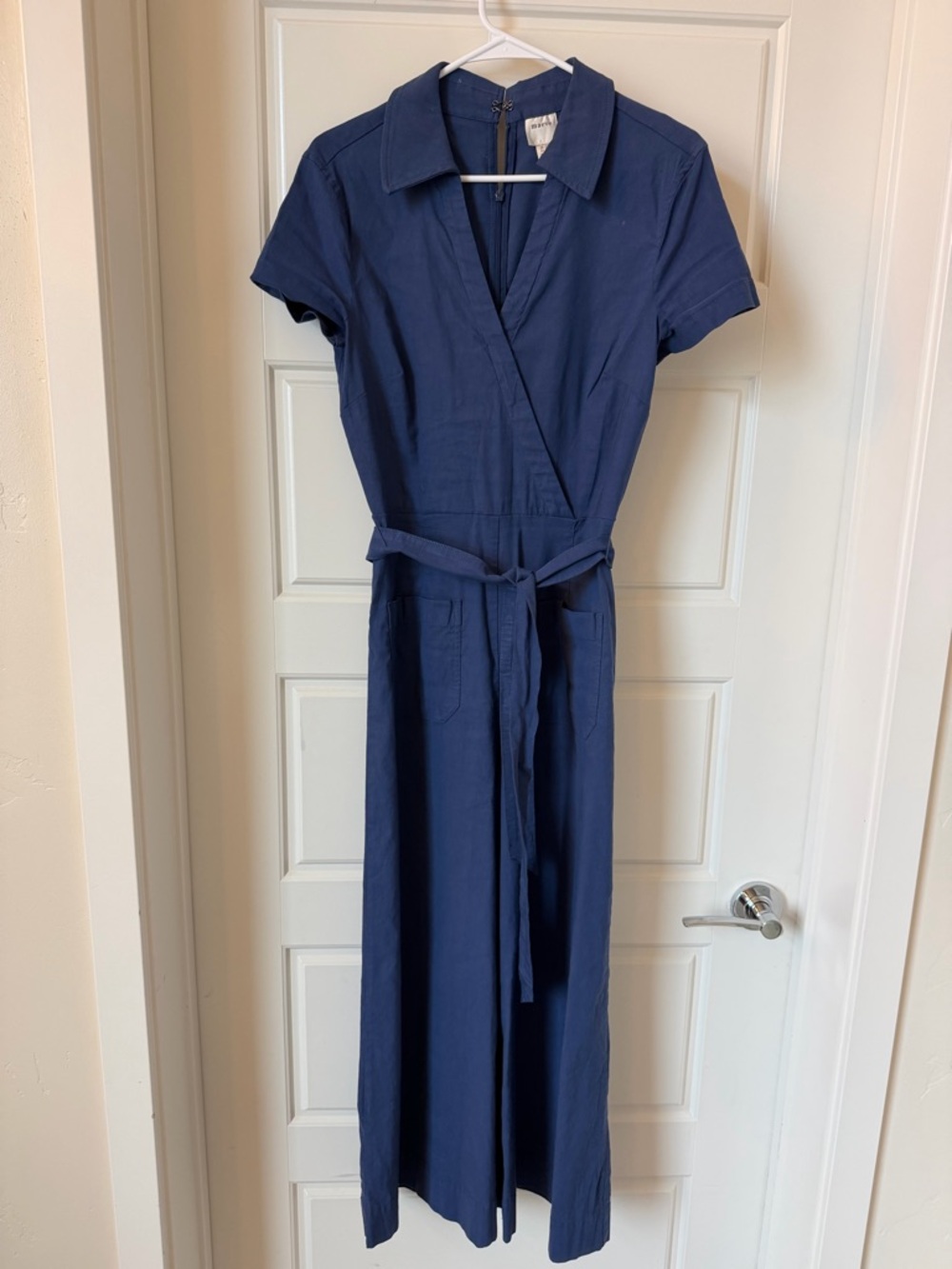Maeve Navy Short-Sleeve Wrap Jumpsuit with Tie